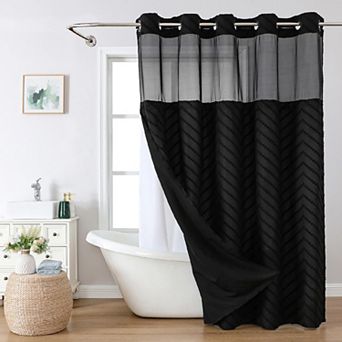 Boho Farmhouse Snap In Liner Shower Curtain Tufted Chevron Stripes Water Repellent