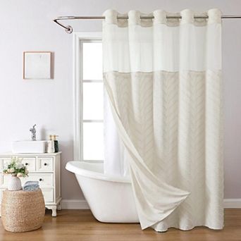 Boho Farmhouse Snap In Liner Shower Curtain Tufted Chevron Stripes Water Repellent