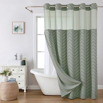 Boho Farmhouse Snap In Liner Shower Curtain Tufted Chevron Stripes Water Repellent