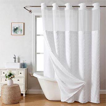 Boho Farmhouse Snap In Liner Shower Curtain Tufted Chevron Stripes Water Repellent
