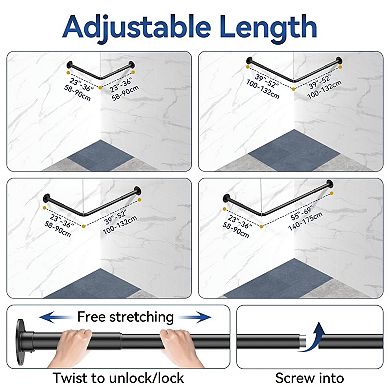 Adjustable L Shaped Stainless Steel Corner Shower Curtain Rod With 12 Rings