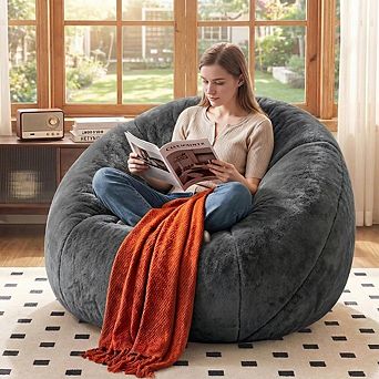 Maxspeed Faux Fur Bean Bag Chair, Large Stuffed Bean Bag Couch with Filler for Living Room, Bedroom