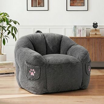 Opoiar Cute Cat Paw Bean Bag Chair, 39" Pink Faux Fur Chair with Pocket & Handle