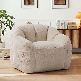 Opoiar Cute Cat Paw Bean Bag Chair, 39" Pink Faux Fur Chair with Pocket & Handle