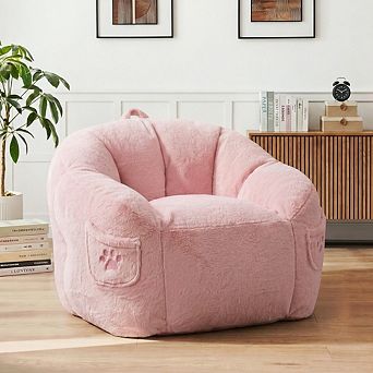 Opoiar Cute Cat Paw Bean Bag Chair, 39" Pink Faux Fur Chair with Pocket & Handle