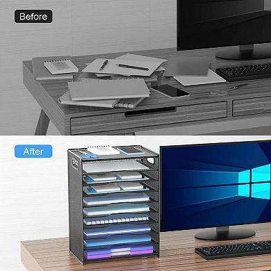 10 Tier Paper Organizer Adjustable Tray Mesh Desk File With Handles Office School Desktop