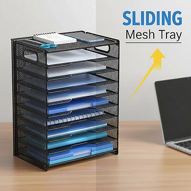 10 Tier Paper Organizer Adjustable Tray Mesh Desk File With Handles Office School Desktop