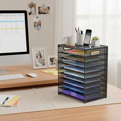 10 Tier Paper Organizer Adjustable Tray Mesh Desk File With Handles Office School Desktop