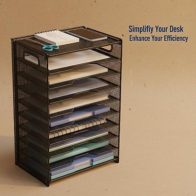 10 Tier Paper Organizer Adjustable Tray Mesh Desk File With Handles Office School Desktop