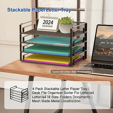 4 Pack Stackable Mesh Letter Paper Tray Desk File Organizer for Documents Folders
