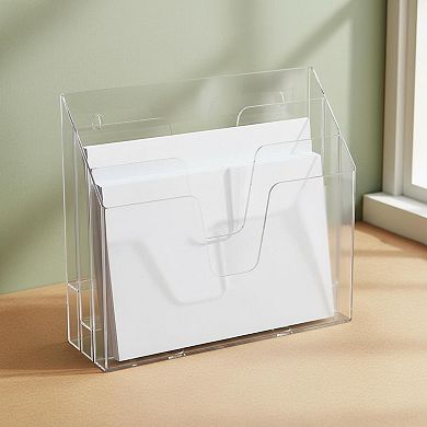 Horizontal Triple File Folder Holder: Open Top Desktop Sorter, Letter Size, Plastic Wall Mount Ready