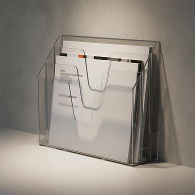 Horizontal Triple File Folder Holder: Open Top Desktop Sorter, Letter Size, Plastic Wall Mount Ready