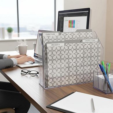 Horizontal Triple File Folder Holder: Open Top Desktop Sorter, Letter Size, Plastic Wall Mount Ready