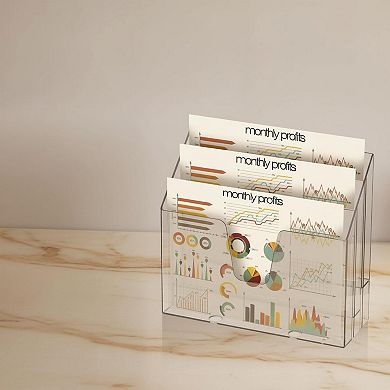 Horizontal Triple File Folder Holder: Open Top Desktop Sorter, Letter Size, Plastic Wall Mount Ready