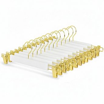 24 Pack 14.17" Solid White Wooden Pant Skirt Hangers With Adjustable Clips Swivel Hook