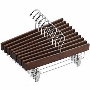 20 pc Wooden Pants Hangers Adjustable Clips 360° Swivel Hook Non-slip Walnut Wood Skirt Trousers