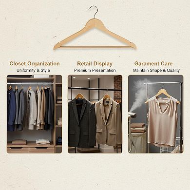 30 Pack Wooden Hangers Solid Birch Durable 360° Hook Non-slip Pant Bar Shoulder Notches for Clothes