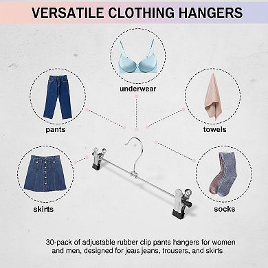 30 Pack Adjustable Pants Hangers with Clips Space Saving Non Slip for Skirts Jeans Trousers