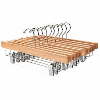 Set of 10 Solid Lotus Wood Pants Skirt Hangers with 2 Adjustable Clips Chrome 360° Hook Heavy Duty