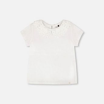 Little Kids Girl T-Shirt with Crochet Peter Pan Collar