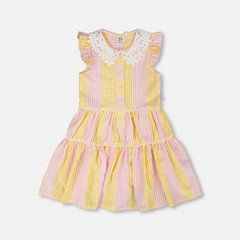 Little Kids Girl Striped Crochet Peter Pan Collar Button Front Tiered Dress