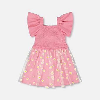 Little Kids Girl Mesh and Crinkle Jersey Dress with Smocking