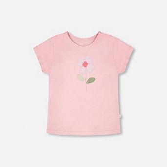 Little Kids Girl Organic Cotton Floral Appliqué Short Sleeve T-Shirt