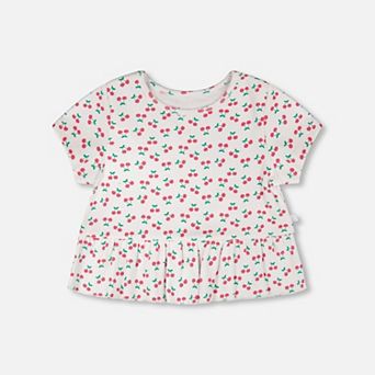 Little Kids Girl Rib Crop T-Shirt with Frill Printed Cheeries
