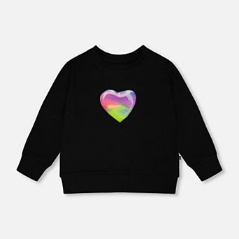 Little Kids Girl Rainbow Heart Appliqué Round Neck Organic Cotton Long Sleeve T-Shirt