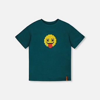 Little Kids Boy Organic Cotton Jersey Pixel Smiley Face Graphic Print T-Shirt