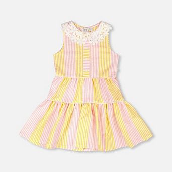 Little Kids Girl Sleeveless Dress with Crochet Peter Pan Collar and Stripes