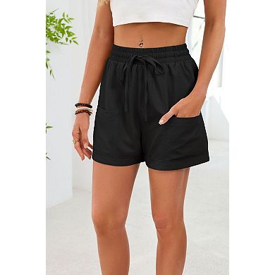 Women's Summer Solid Loose High Waist Drawstring Casual Shorts