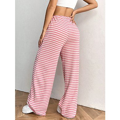 Women's Casual Striped Solid Color Rubber Band Drawstring Cotton Straight Pants