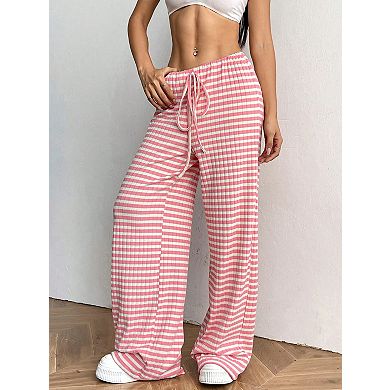 Women's Casual Striped Solid Color Rubber Band Drawstring Cotton Straight Pants
