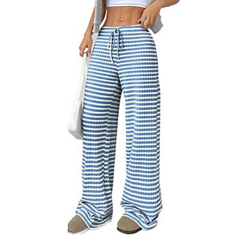 Women's Casual Striped Solid Color Rubber Band Drawstring Cotton Straight Pants