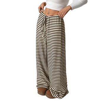 Women's Casual Striped Solid Color Rubber Band Drawstring Cotton Straight Pants