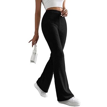Womens Knit Ribbed High Waist Flared Solid Color Casual Pants