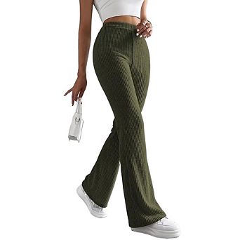 Womens Knit Ribbed High Waist Flared Solid Color Casual Pants