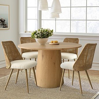 Set of 4 Modern Rattan Back & Beige Boucle Armless Kitchen Chairs with Metal Legs