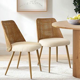 Set of 2 Modern Rattan Back & Beige Boucle Armless Kitchen Chairs with Metal Legs