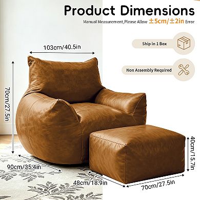 Heybly Bean Bag Chair with Ottoman, Large Memory Foam Single Sofa for Adults or Kids