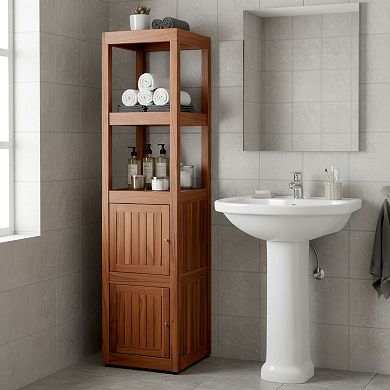 16" Sula Two-Level Square Teak Tower Cabinet with Open Display Shelving
