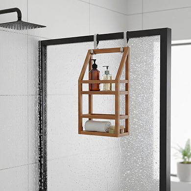 Moa Wide Teak Shower Caddy with Stainless Steel Hooks