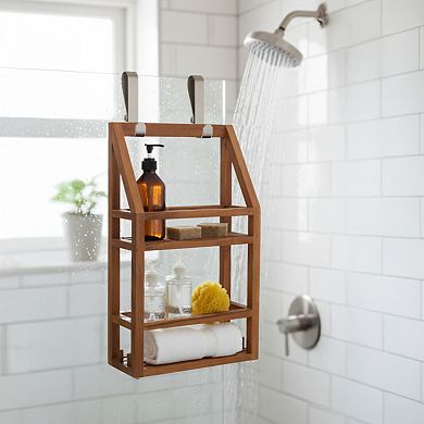 Moa Wide Teak Shower Caddy with Stainless Steel Hooks
