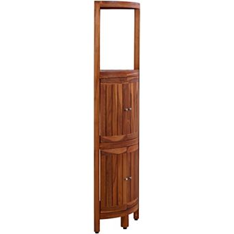 59" Kai Two-Level Corner Teak Tower Cabinet with Open Display Shelving