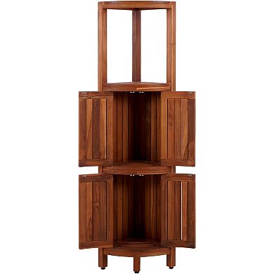 59" Kai Two-Level Corner Teak Tower Cabinet with Open Display Shelving