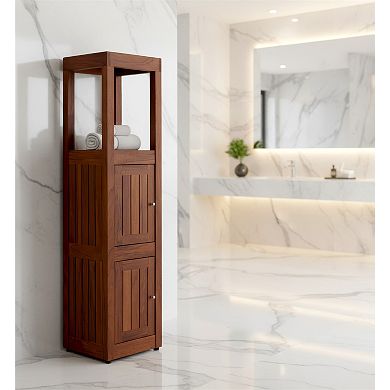 Sula Two-Level Square Teak Tower Cabinet with Open Display Shelving