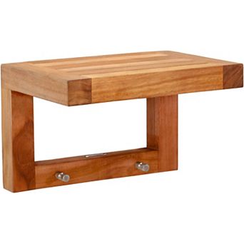 12" Moa Floating Teak Wall Shelf with Hooks