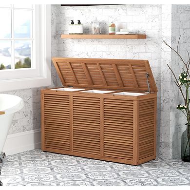 Nila Triple Size Wall-Hugging Teak Louvered Laundry & Storage Hamper