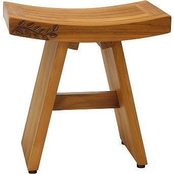 18" Asia Artisan Teak Shower Bench with Carved Leaves on Seat Front